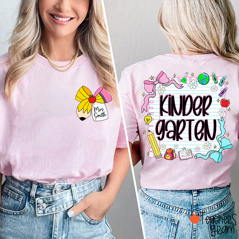 Personalized Grade And Name Pencil Bow Notebook Teacher Two Sided T-Shirt