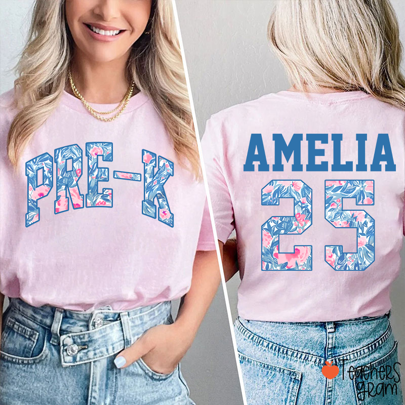 Personalized Flower And Leaf Pattern Text And Numbers Teacher Two Sided T-Shirt