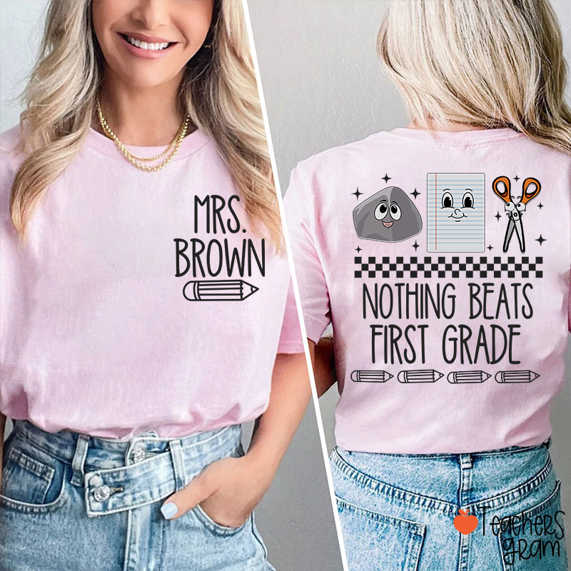 Personalized Grade Name Pencil Rock Checkerboard Notebook Scissors Teacher Two Sided T-Shirt