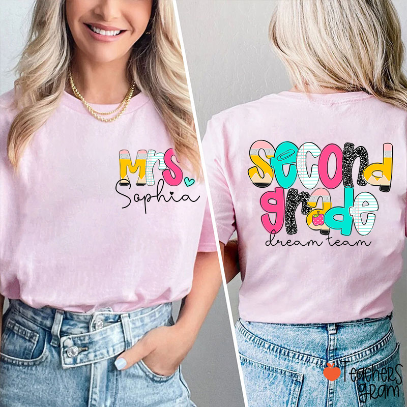Personalized Grade And Name Pencil Notebook Teacher Two Sided T-Shirt