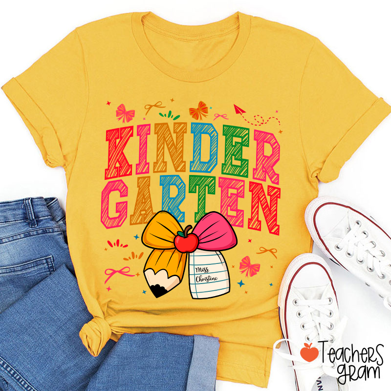 Personalized Grade Name Bow Hand-Drawn Pencil Apple Teacher T-Shirt