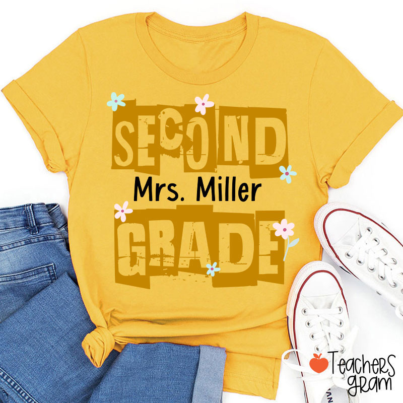 Personalized Grade Name Hollow Monochrome Flowers Teacher T-Shirt
