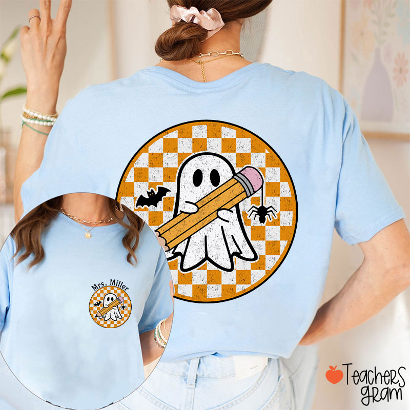 Personalized Name Circle Checkered Ghost Teacher Two Sided T-Shirt