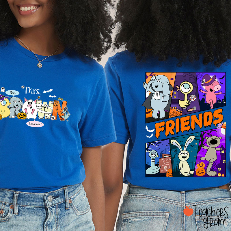 Personalized Name Boo Booooks Friends Teacher Two Sided T-Shirt