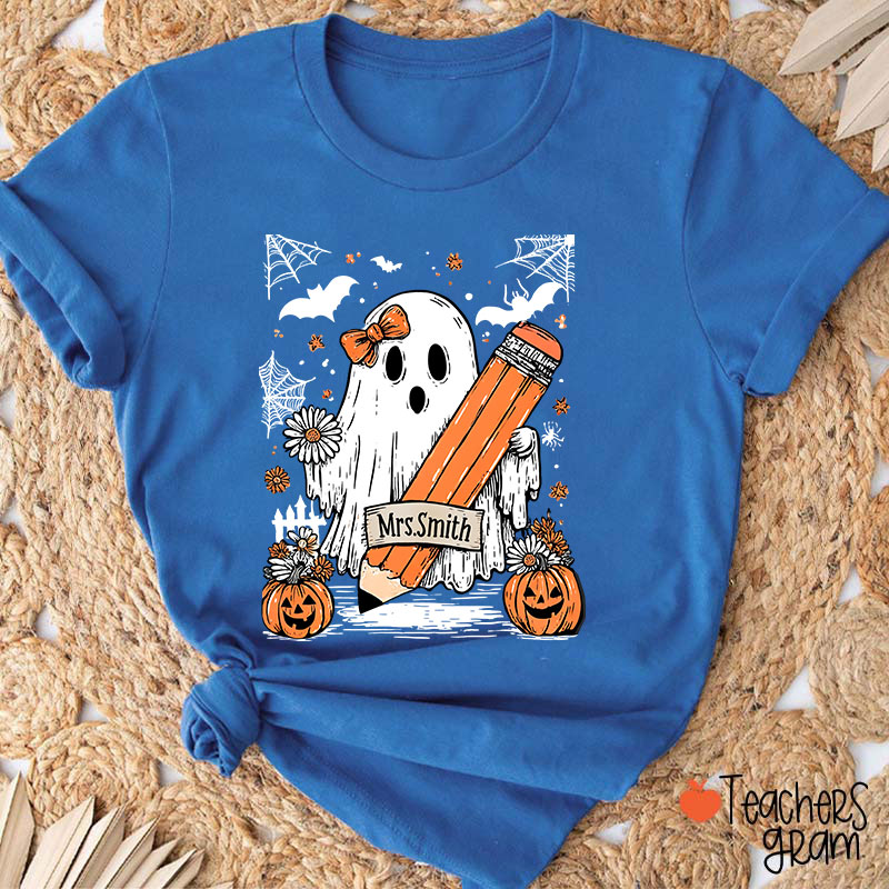 Personalized Name Cute Ghost Floral Halloween Teacher T-Shirt