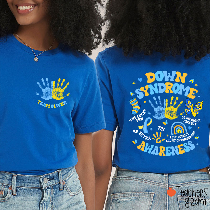 Personalized Name Down Syndrome Awareness Teacher Two Sided T-Shirt