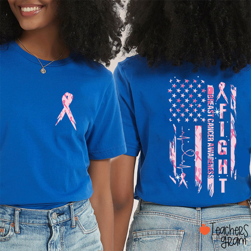 Pink Ribbon Fight Breast Cancer Awareness Teacher Two Sided T-Shirt