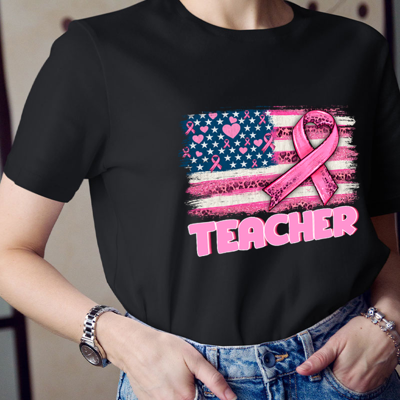 Personalized American Flag With Pink Ribbon Teacher T-Shirt