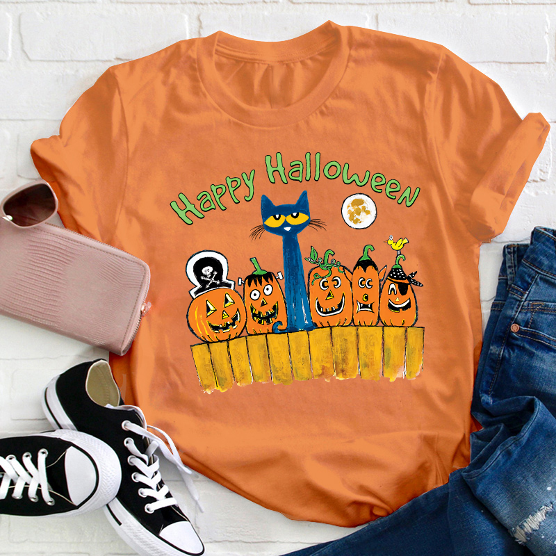 Happy Halloween Cat Moon Pmpkins  T-Shirt