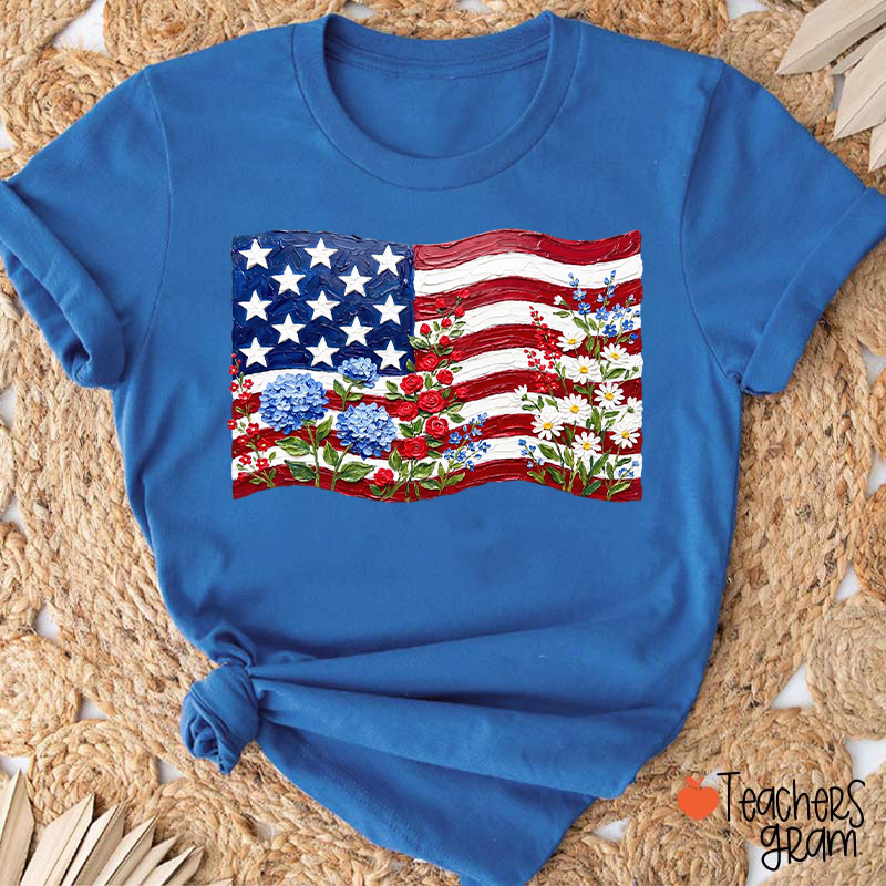 Floral American Flag Teacher T-Shirt