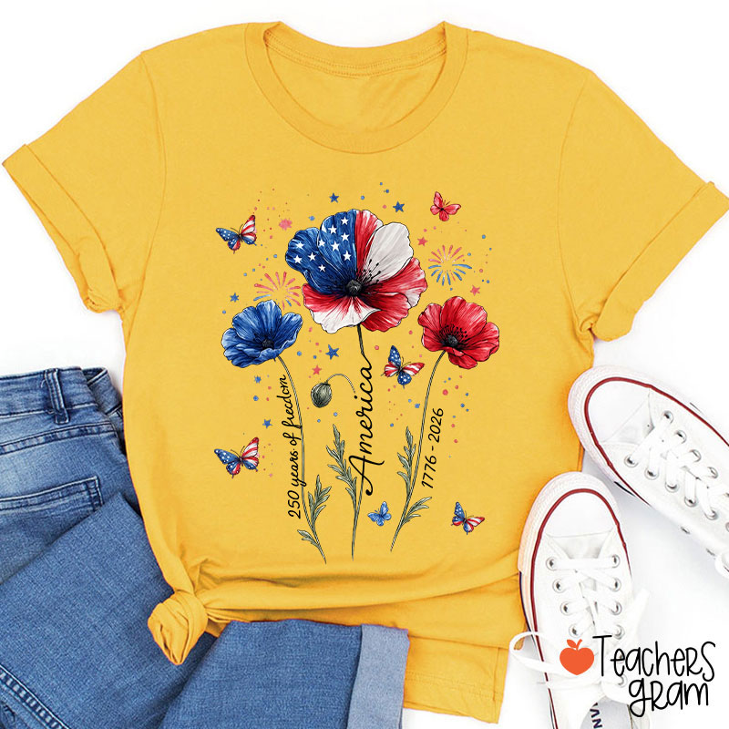 4th Of July 250 Years Of Freedom Floral Teacher T-Shirt