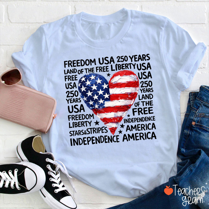 Heart Shaped American Flag Teacher T-Shirt