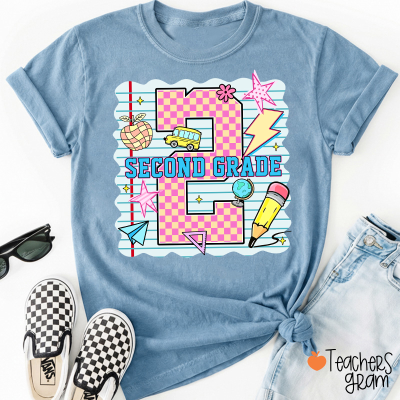 Personalized Pink Plaid And Notebook Style Teacher T-Shirt