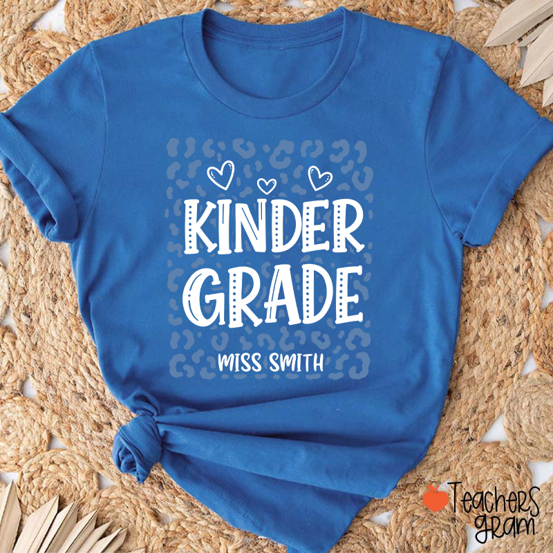 Personalized Name And Grade Leopard Heart Teacher T-Shirt