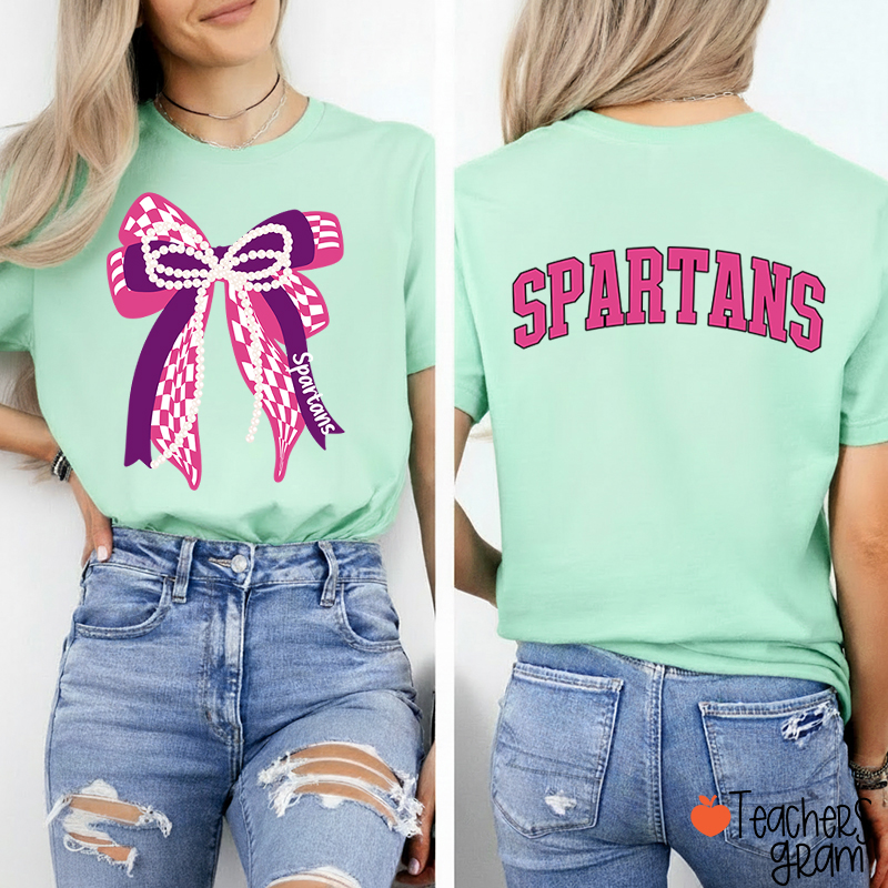 Personalized Mascot Varsity Curved Bow Theme Teacher Two Sided T-Shirt