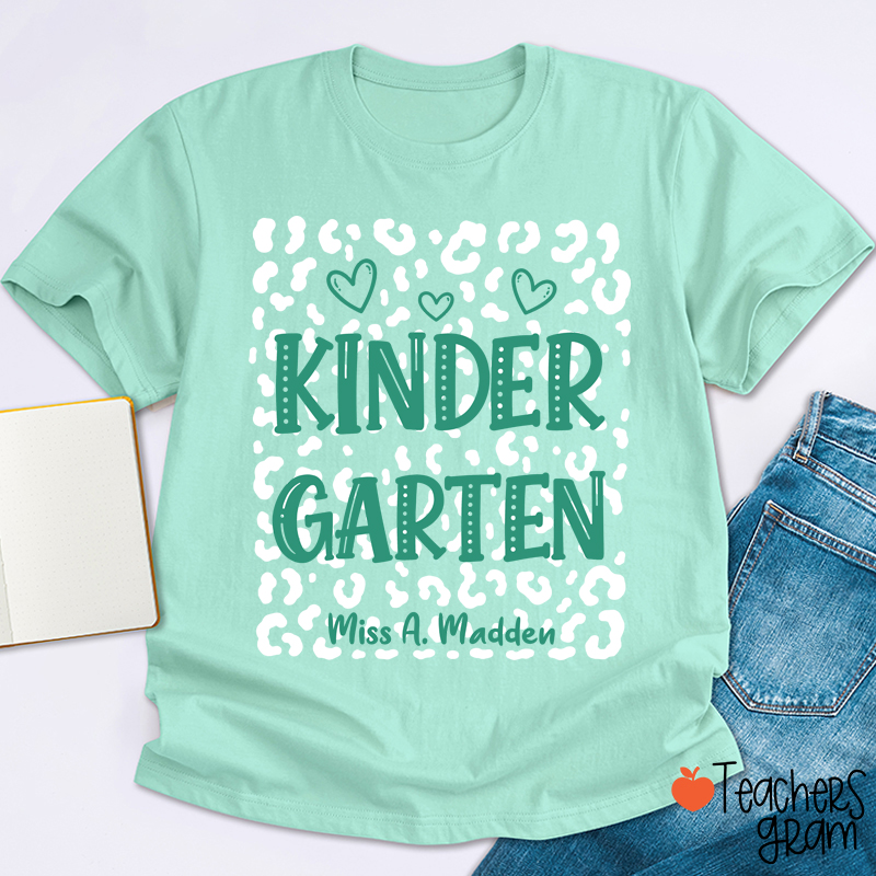 Personalized Name And Grade Leopard Heart Teacher T-Shirt