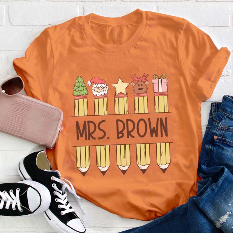 Personalized Name Christmas Pencils Teacher T-Shirt