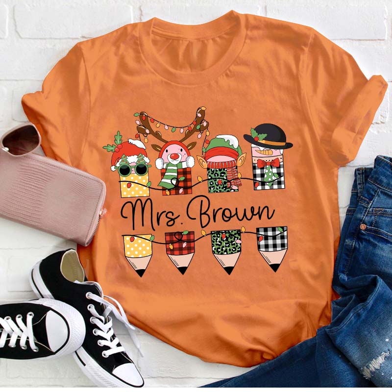 Personalized Name Cute Christmas Pencils Teacher T-Shirt