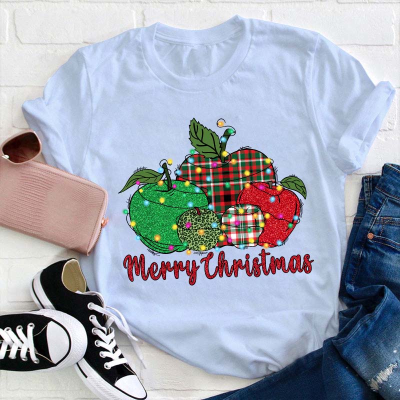 Christmas Apples Surrounded By Lights Teacher T-Shirt