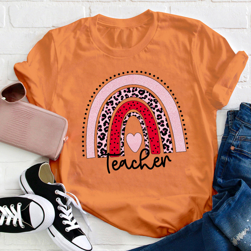 Personalized Pink Rainbow Teacher T-Shirt