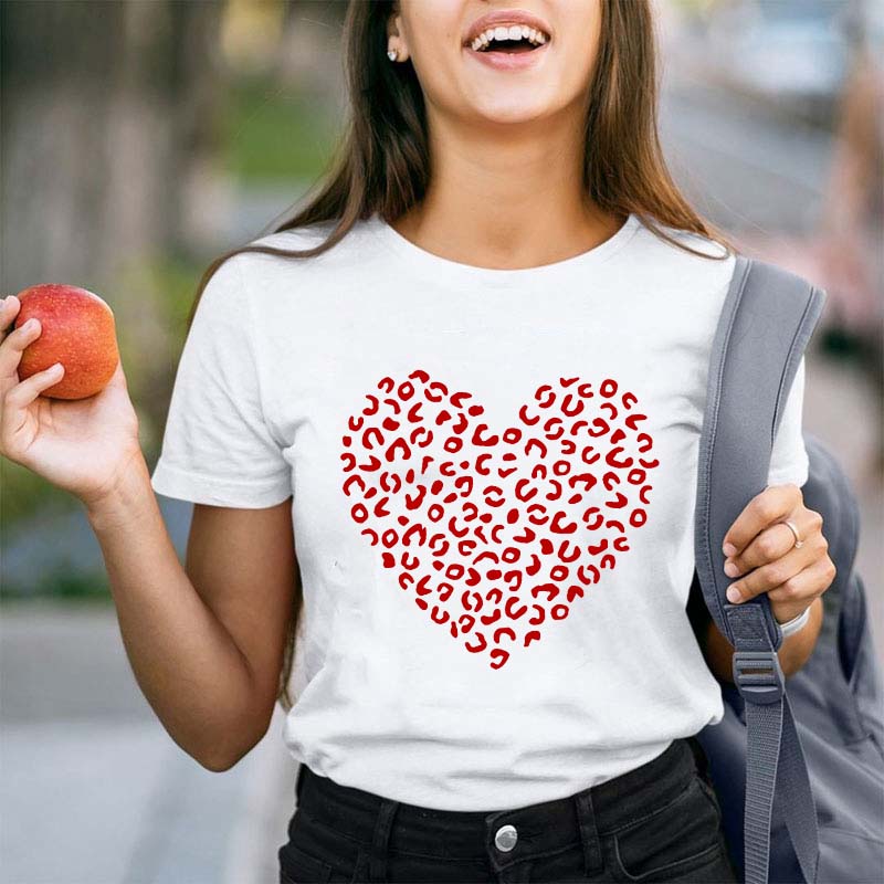 Red Leopard Heart Teacher T-Shirt