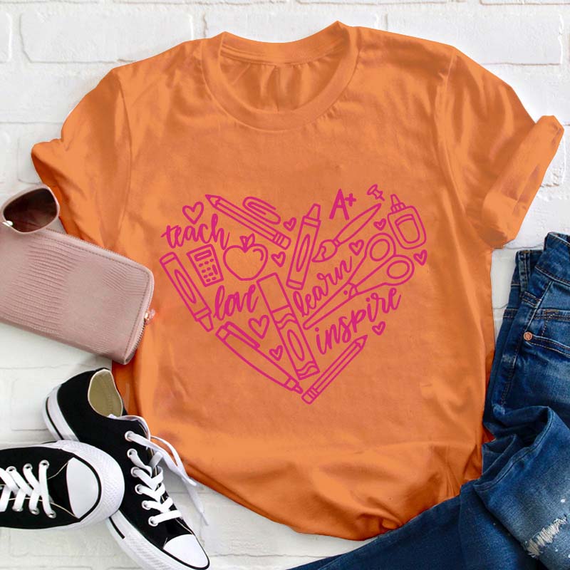 Teach Learn Inspire Heart Teacher T-Shirt