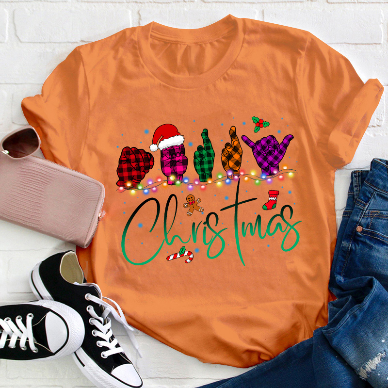 ASL Christmas Buffalo Plaid Teacher T-Shirt