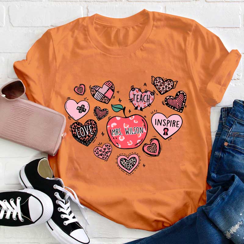 Personalized Teach Love Inspire Heart Teacher T-Shirt