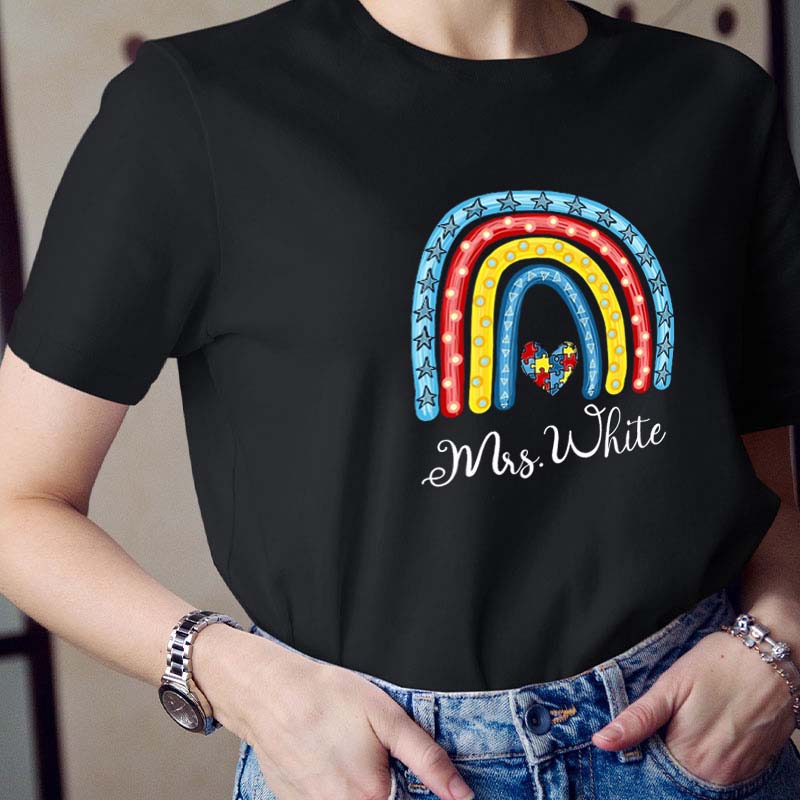 Personalized Autism Puzzle Rainbow Teacher T-Shirt