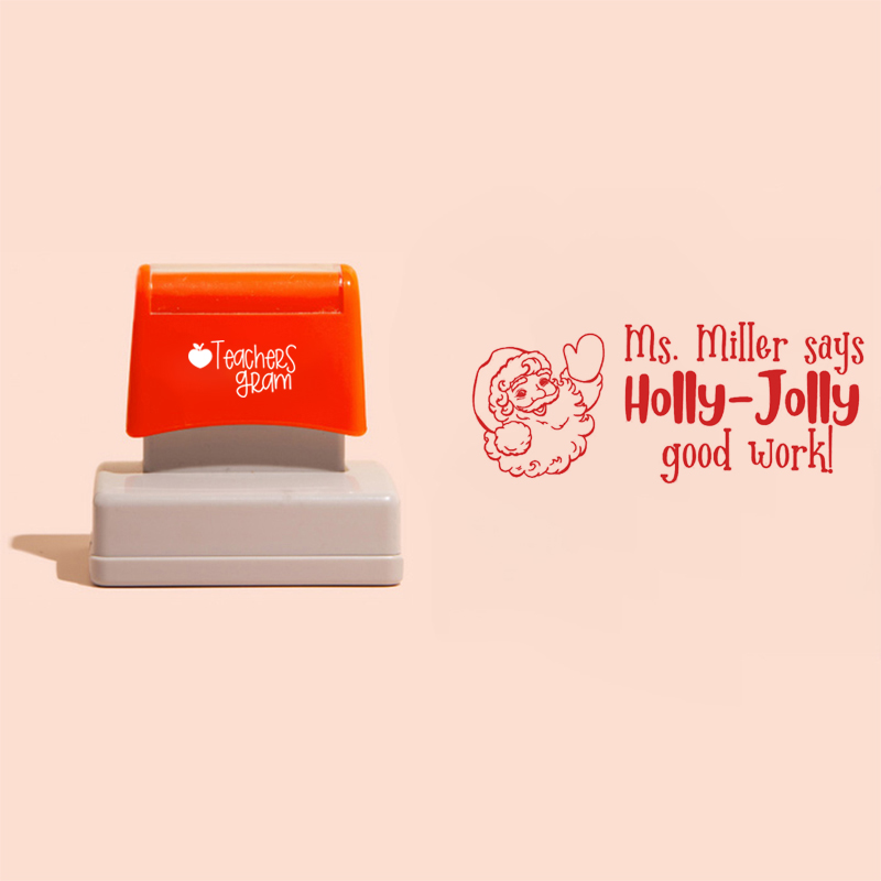 Personalized Name Holly-Jolly Good Work Teacher Rectangle Stamp