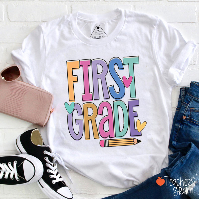 Personalized Grade Pencil Heart Teacher T-Shirt