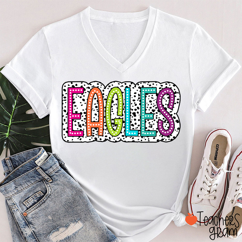 Personalized Mascot Polka Dot Game Day Teacher Female V-Neck T-Shirt