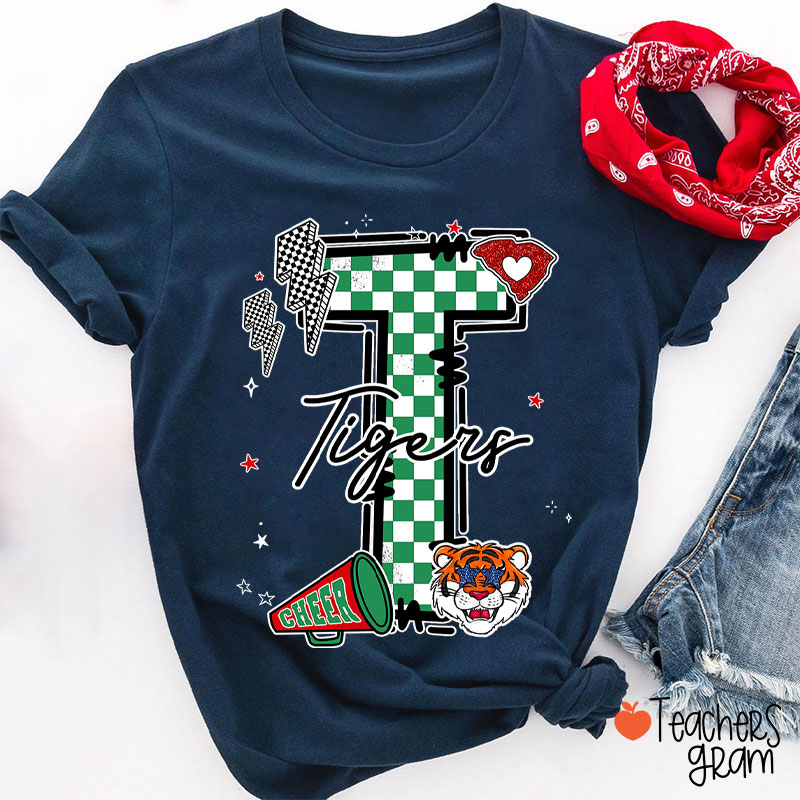 Personalized Mascot Initials Checkered School Spirit Teacher T-Shirt
