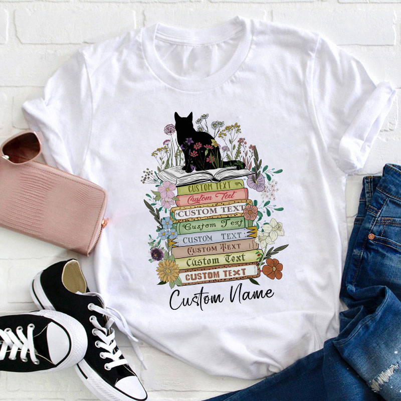 Personalized Vintage Floral Cat Books Teacher T-Shirt