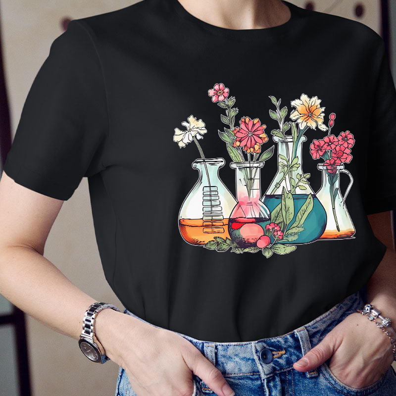 Floral Beakers Chemistry Lab Teacher T-Shirt
