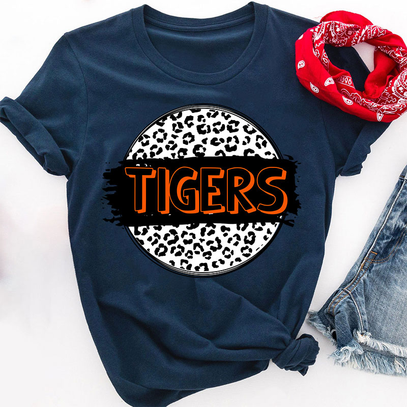 Personalized  Mascot Round Leopard Print Teacher T-Shirt
