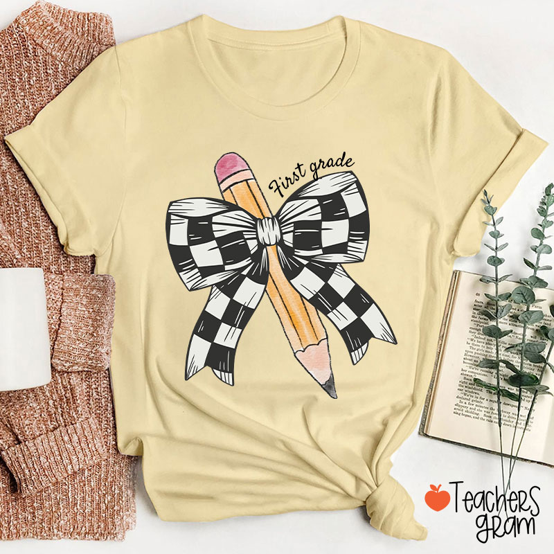 Personalized Grade Checkered Bow Pencil Teacher T-Shirt