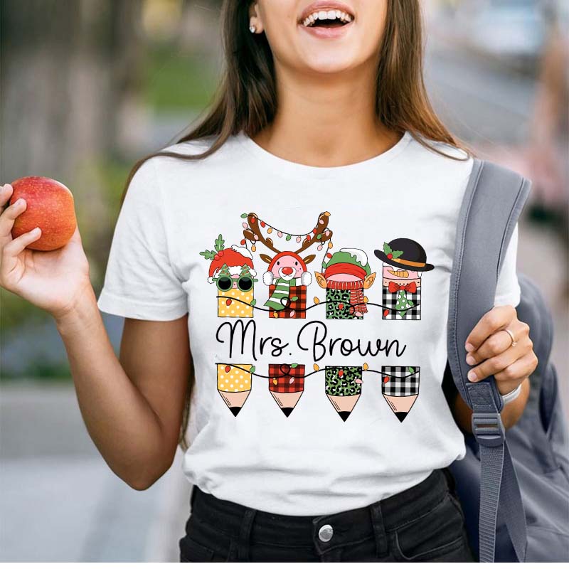 Personalized Name Cute Christmas Pencils Teacher T-Shirt