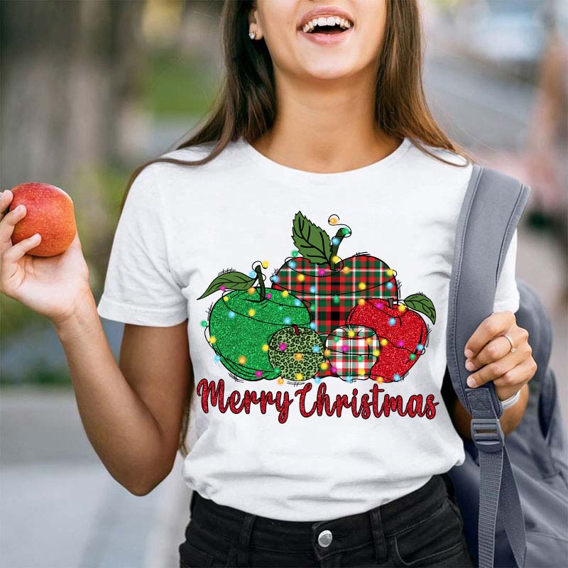 Christmas Apples Surrounded By Lights Teacher T-Shirt
