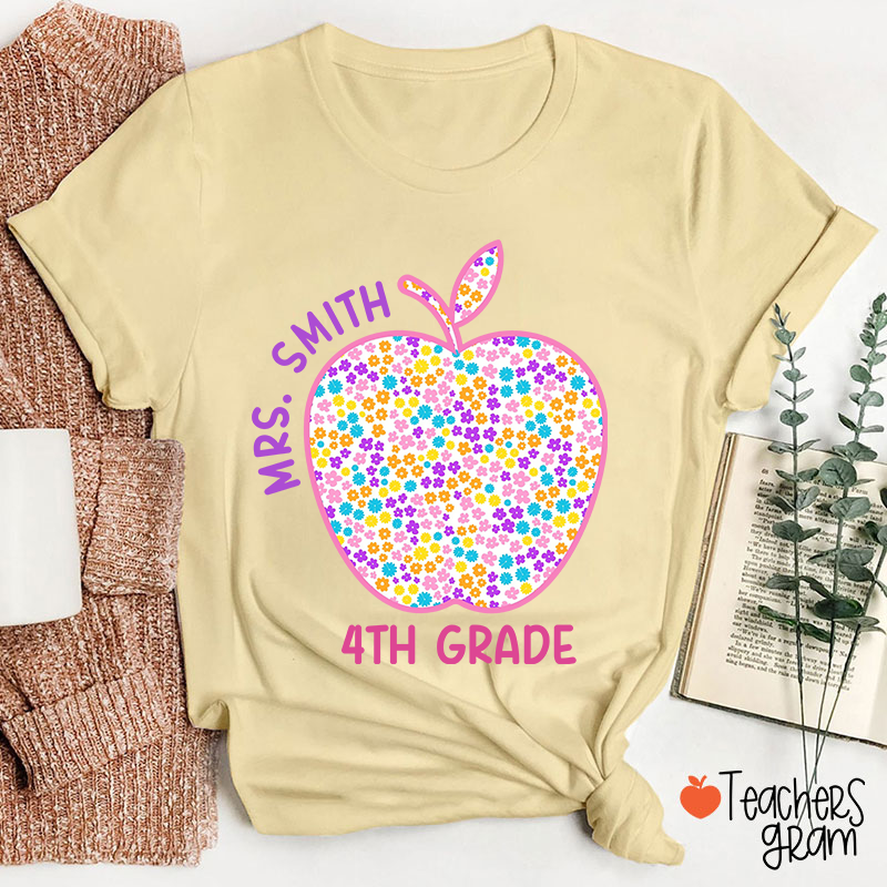 Personalized Grade And Name Blue And White Porcelain Apple Teacher T-Shirt