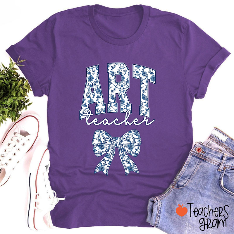 Personalized Text Blue And White Porcelain Bow Teacher T-Shirt