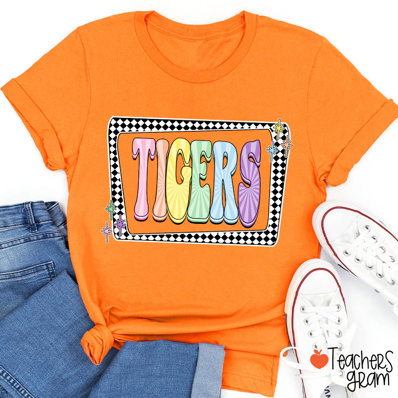 Personalized Mascot Pastels Checkerboard Teacher T-Shirt