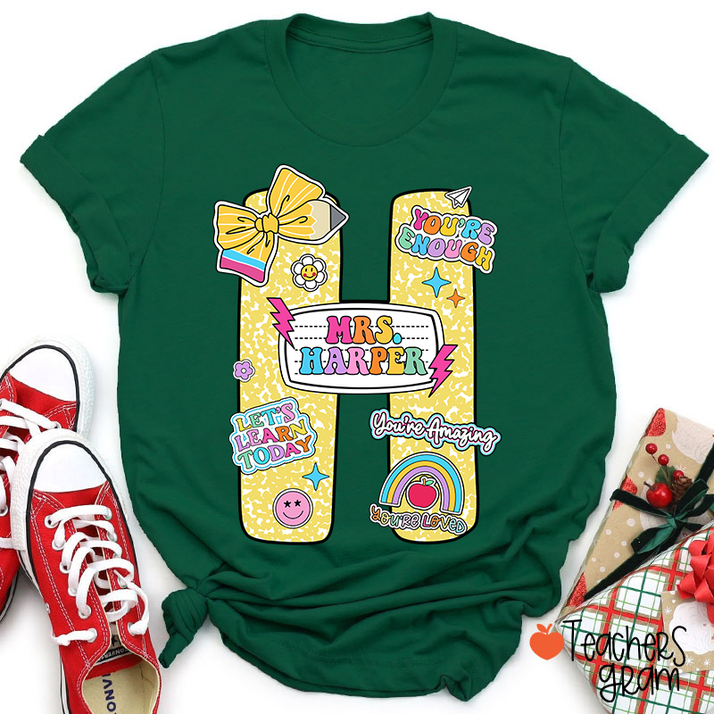 Personalized Notebook Style Letter Name Teacher T-Shirt
