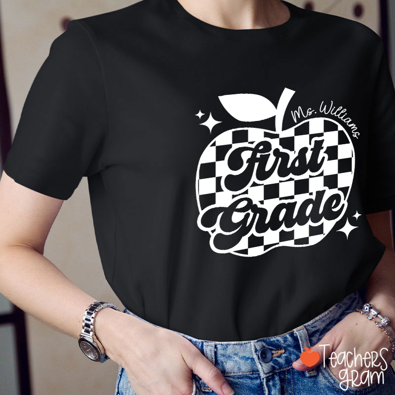 Personalized Black And White Checkerboard Apple And Name Teacher T-Shirt