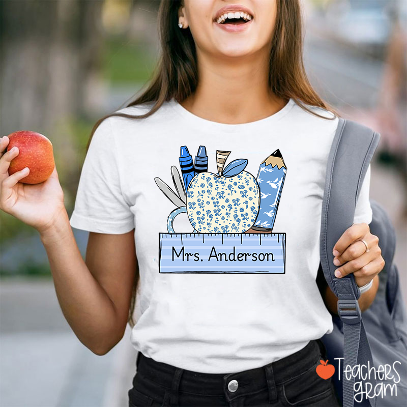 Personalized Name Blue Apple Pencil Crayon Scissors Ruler Teacher T-Shirt