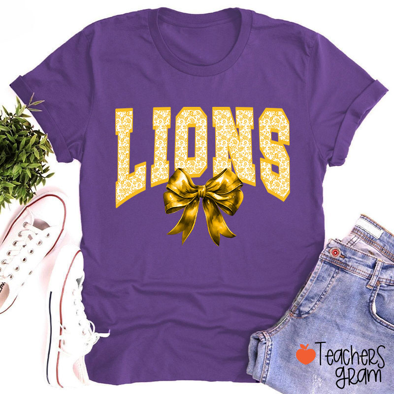 Personalized Mascot Toile Floral Coquette Bow Teacher T-Shirt
