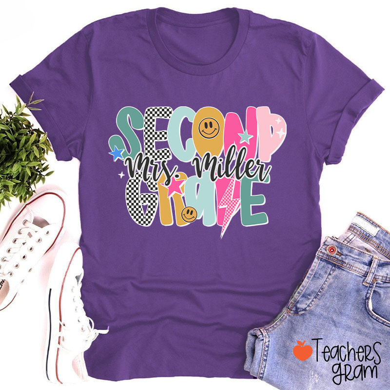 Personalized Grade Checkered Smiley Lightning Teacher T-Shirt