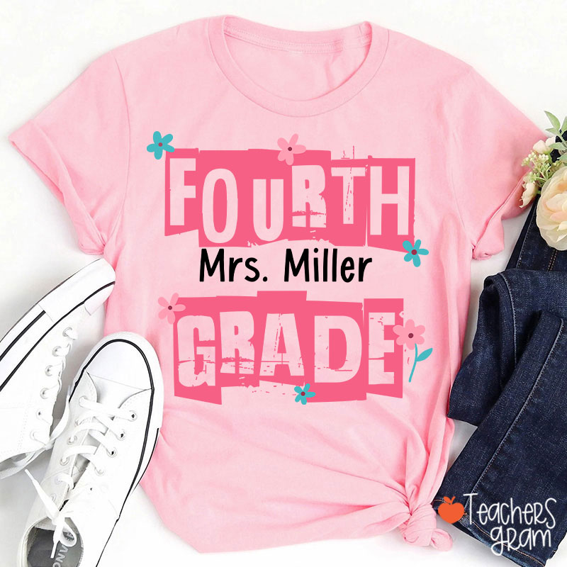 Personalized Grade Name Hollow Monochrome Flowers Teacher T-Shirt