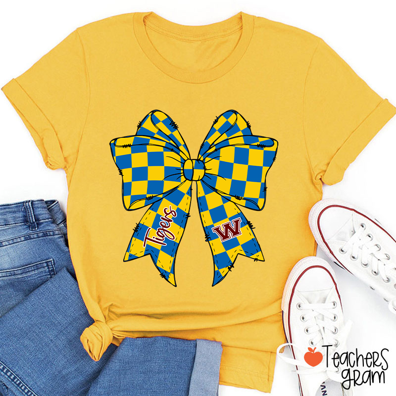 Personalized Mascot Checkered Bow Game Day Teacher T-Shirt