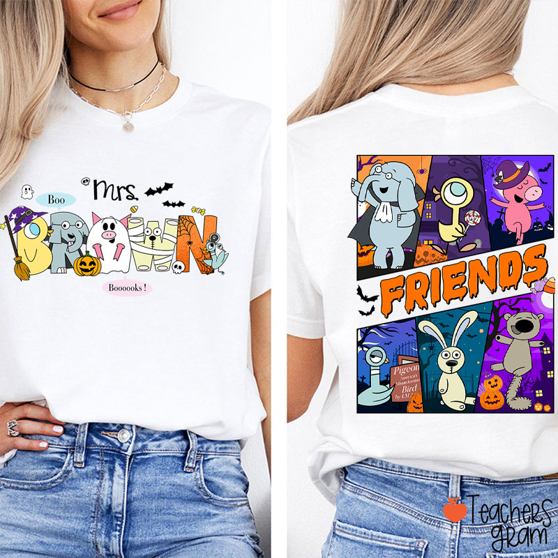 Personalized Name Boo Booooks Friends Teacher Two Sided T-Shirt
